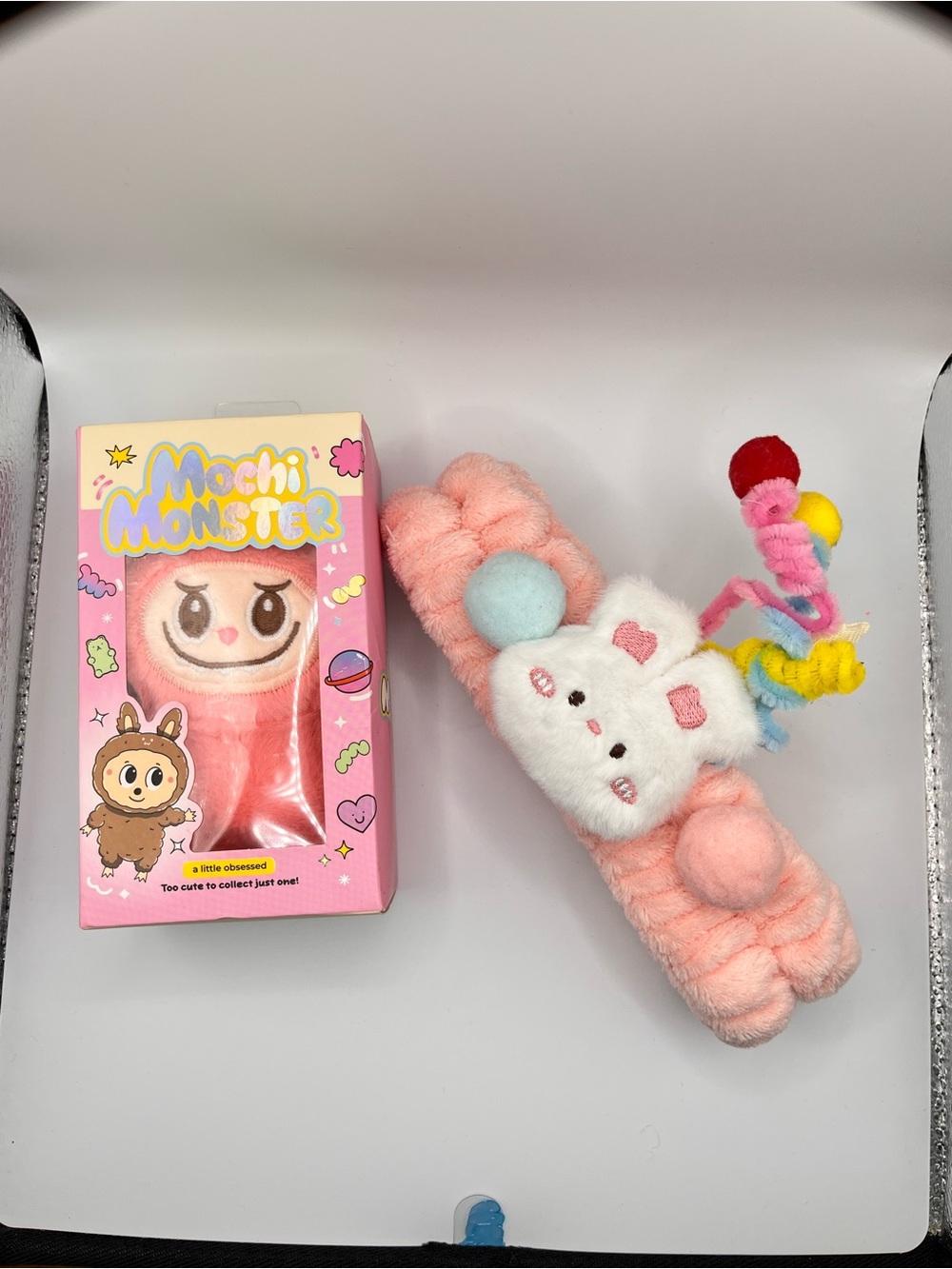 BUNDLE Pink Plush Mochi Monster and  Headband with Cute Bunny